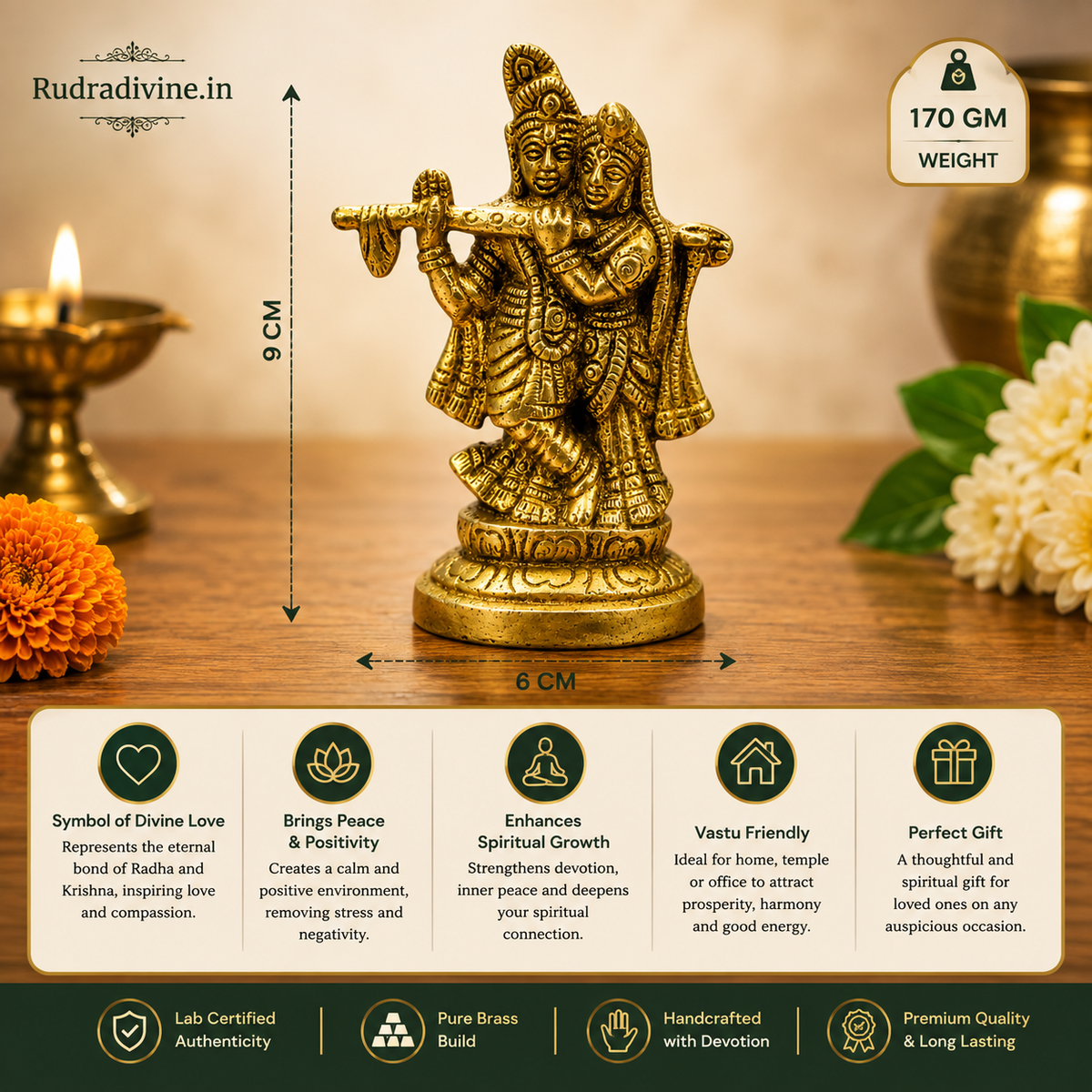 Radha Krishna Brass Idol | Divine Murti for Home Puja & Spiritual Decor | Lab Certified