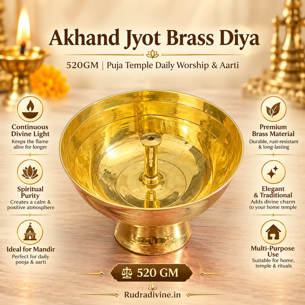Akhand Jyot Brass Diya weighing 520GM for puja, temple worship, daily prayer and aarti, featuring a traditional brass design by Rudradivine.