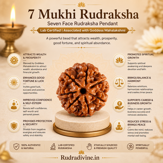 7 Mukhi (Seven Face) Rudraksha Pendant featuring a natural Rudraksha bead, associated with Goddess Mahalakshmi, with an official Lab Certificate by Rudradivine for meditation, spiritual devotion, prosperity, and daily wear.