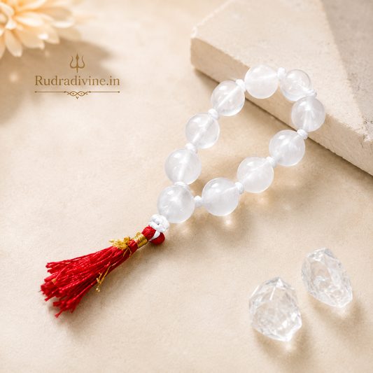 Crystal (Sphatik) Mala 9+1 Beads 8MM crafted with natural crystal quartz beads and official Lab Certificate by Rudradivine for meditation, positivity and spiritual wellness.