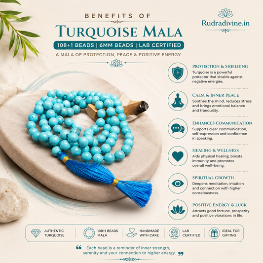Turquoise Mala 108+1 Beads with natural 6MM Turquoise gemstones and official Lab Certificate by Rudradivine for meditation, protection, peace, and spiritual growth.