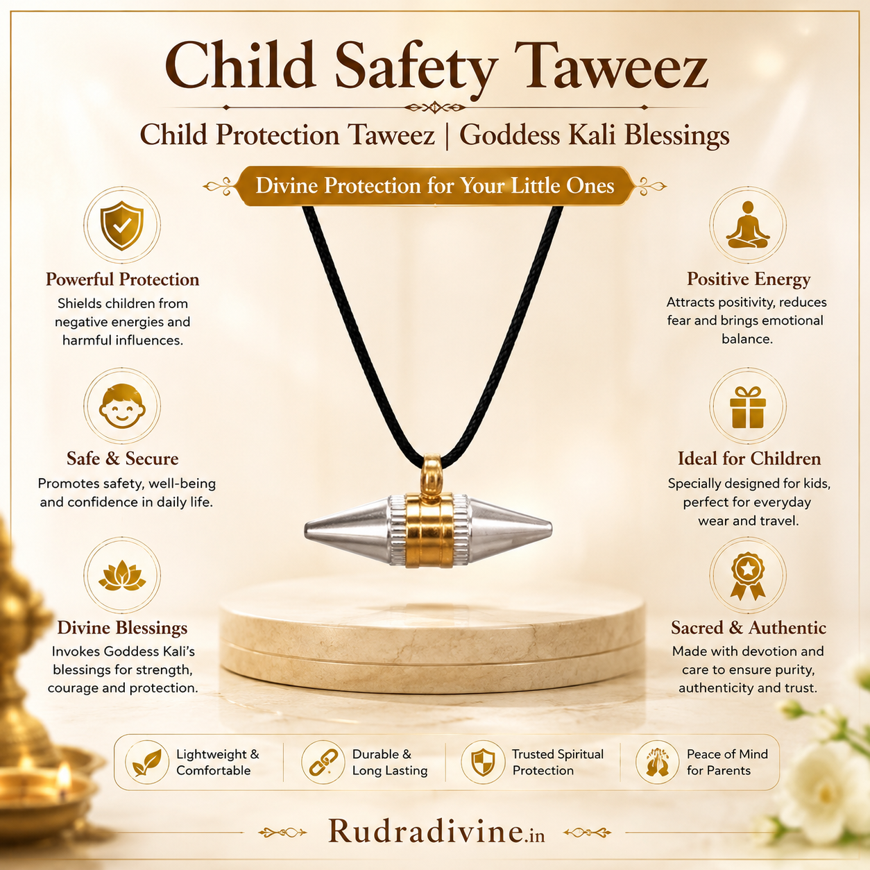 Child Safety Taweez associated with Goddess Kali blessings by Rudradivine, traditional spiritual accessory symbolizing faith, strength and devotional protection.