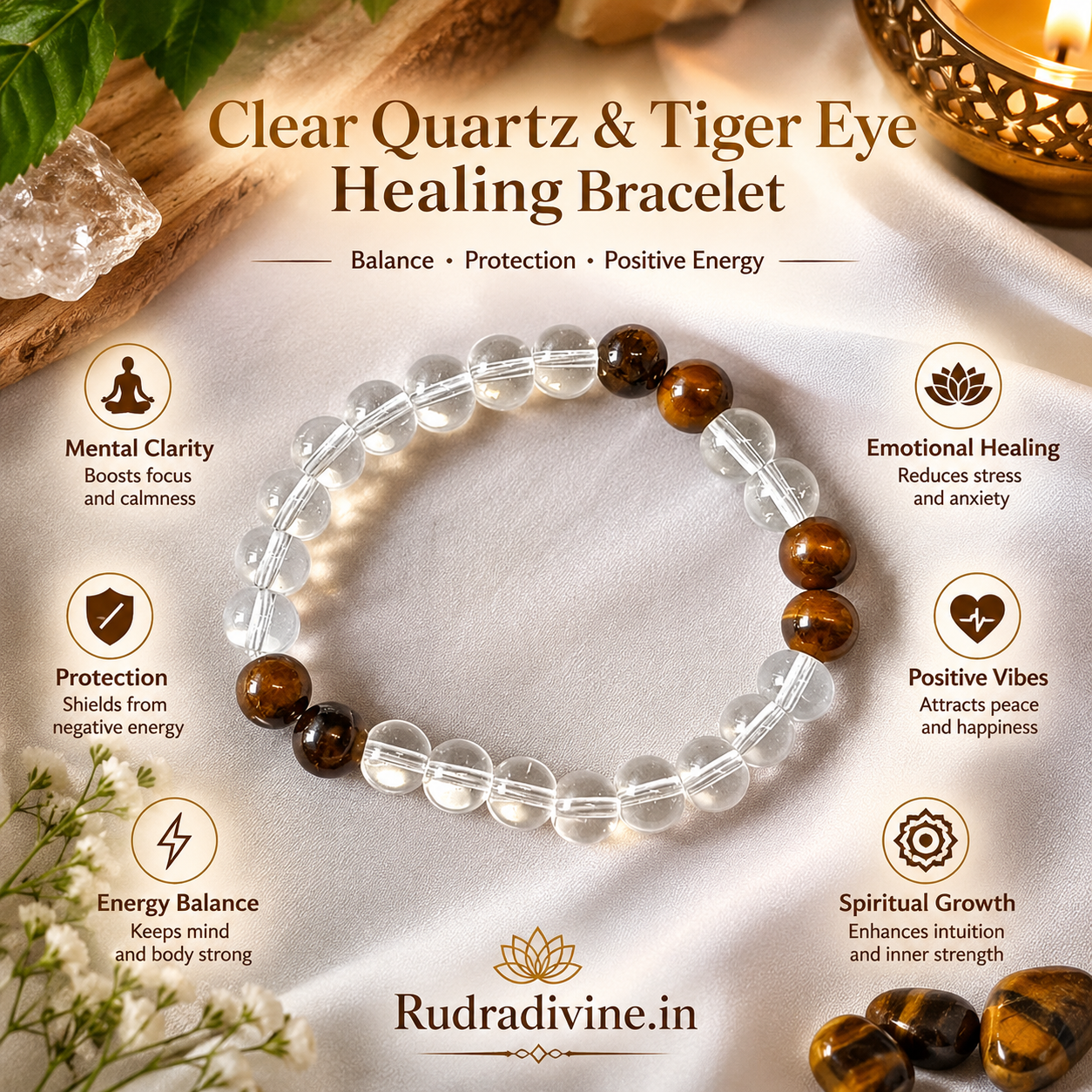 Clear Quartz & Tiger Eye Healing Bracelet with natural 8MM beads and Lab Certificate by Rudradivine, designed for meditation, focus, balance and spiritual wellness.