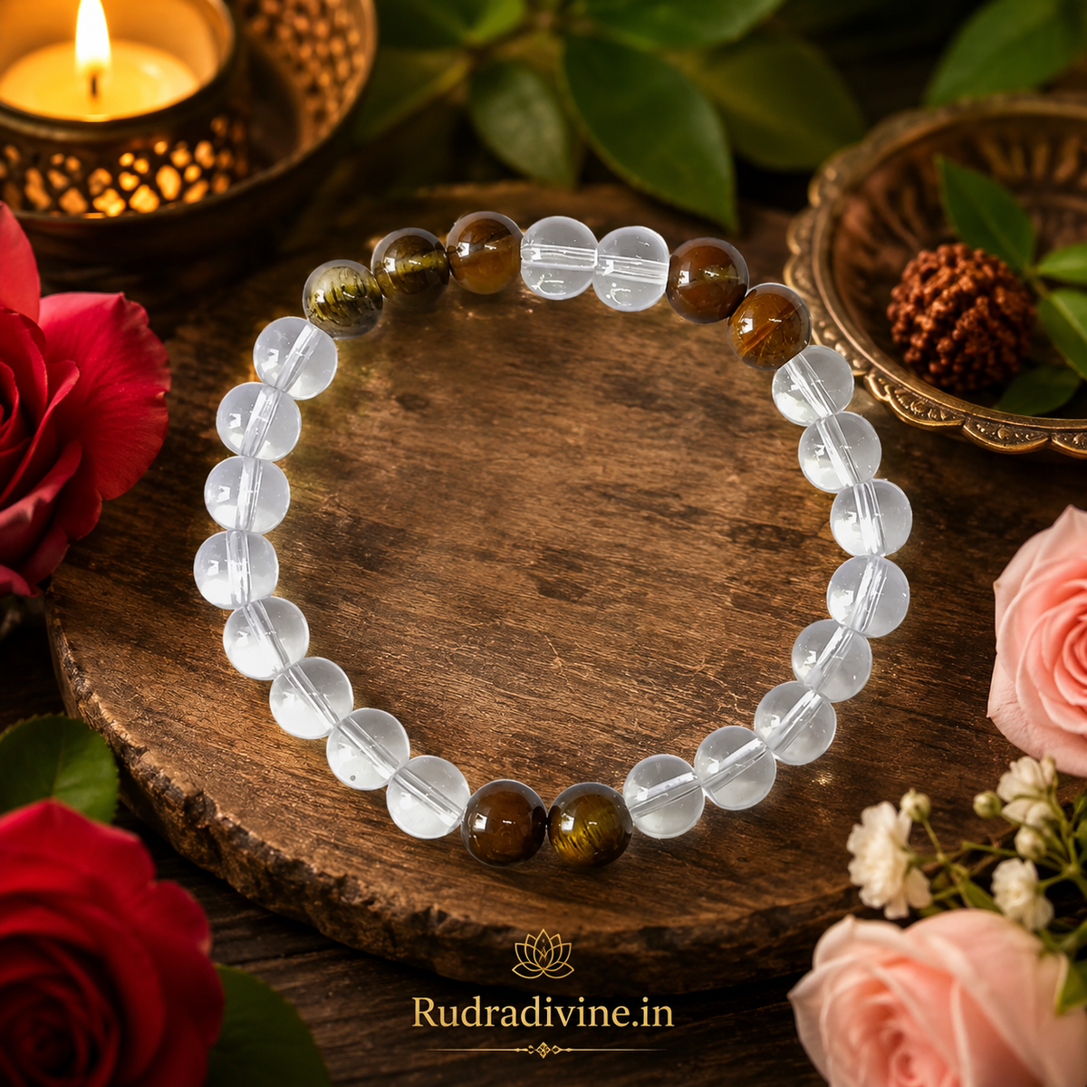 Clear Quartz & Tiger Eye Healing Bracelet with natural 8MM beads and Lab Certificate by Rudradivine, designed for meditation, focus, balance and spiritual wellness.