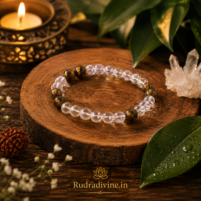Clear Quartz & Tiger Eye Healing Bracelet with natural 8MM beads and Lab Certificate by Rudradivine, designed for meditation, focus, balance and spiritual wellness.