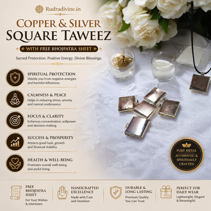 Copper & Silver Square Taweez Set of 5 with free Bhojpatra Sheet by Rudradivine, designed for traditional spiritual practices, puja and worship.