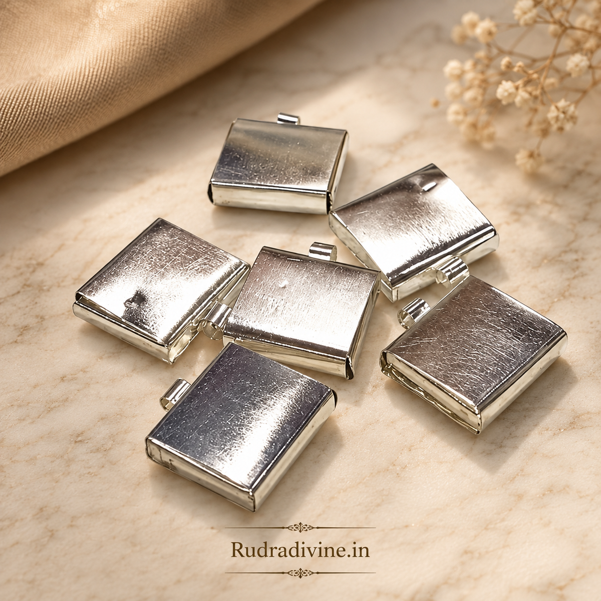 Copper & Silver Square Taweez Set of 5 with free Bhojpatra Sheet by Rudradivine, designed for traditional spiritual practices, puja and worship.