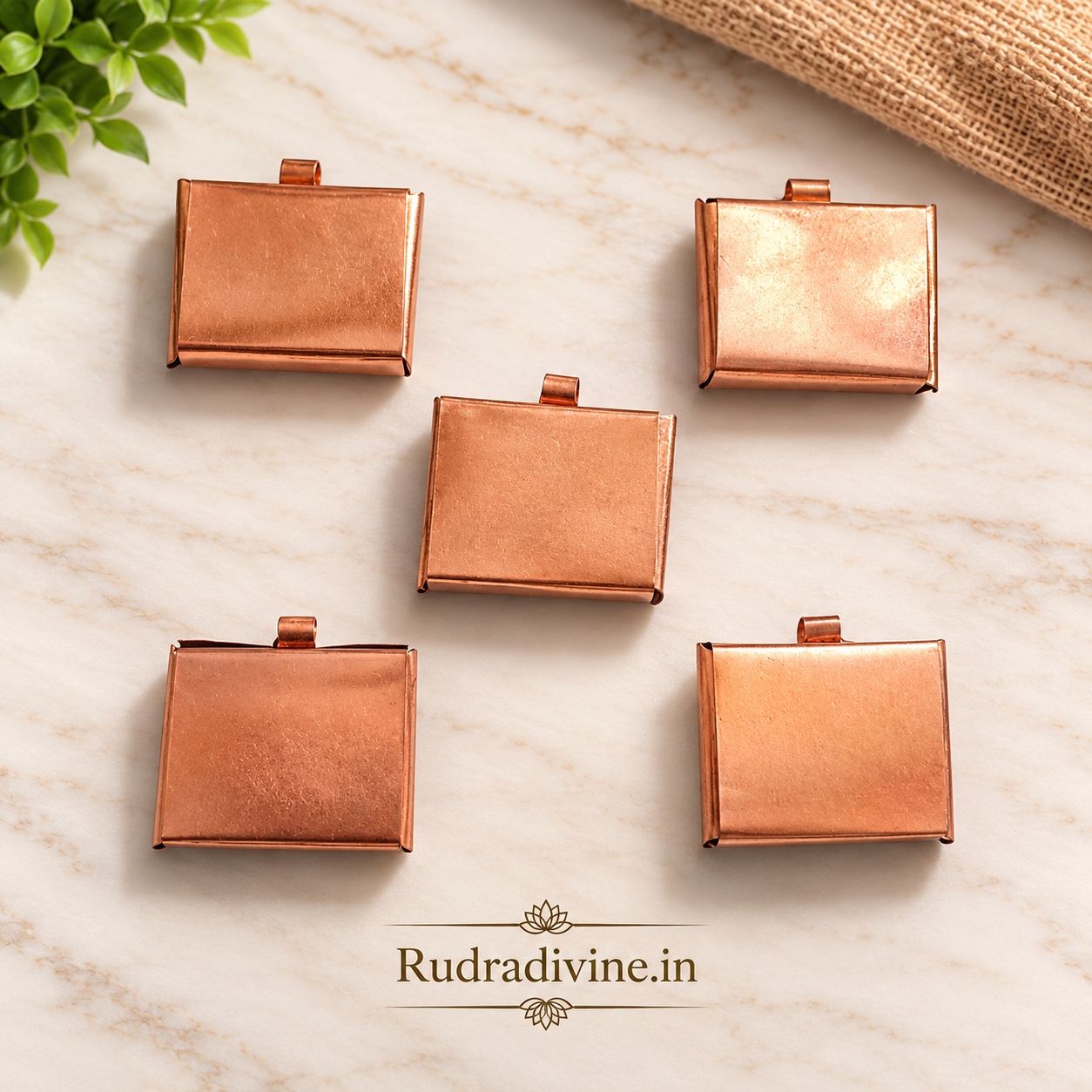 Copper & Silver Square Taweez Set of 5 with free Bhojpatra Sheet by Rudradivine, designed for traditional spiritual practices, puja and worship.