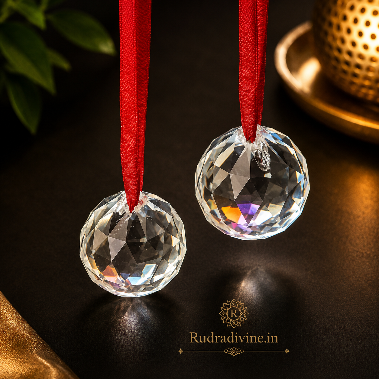 Crystal Balls Pair for Hanging crafted from genuine natural crystal with official Lab Certificate by Rudradivine for Feng Shui, Vastu, positive energy and elegant home décor.