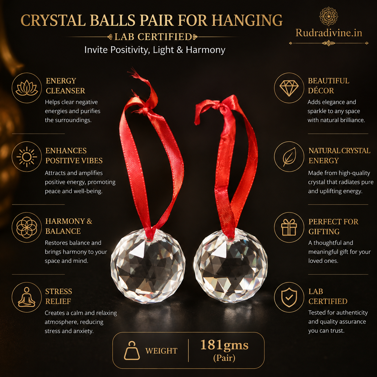 Crystal Balls Pair for Hanging crafted from genuine natural crystal with official Lab Certificate by Rudradivine for Feng Shui, Vastu, positive energy and elegant home décor.