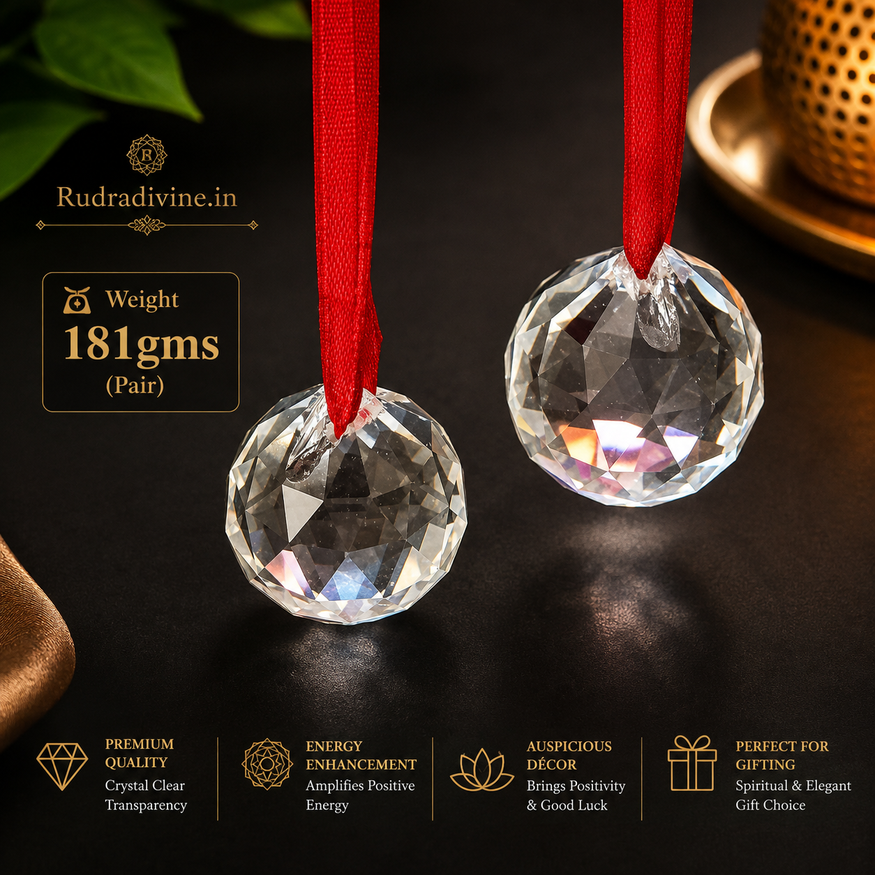 Crystal Balls Pair for Hanging crafted from genuine natural crystal with official Lab Certificate by Rudradivine for Feng Shui, Vastu, positive energy and elegant home décor.