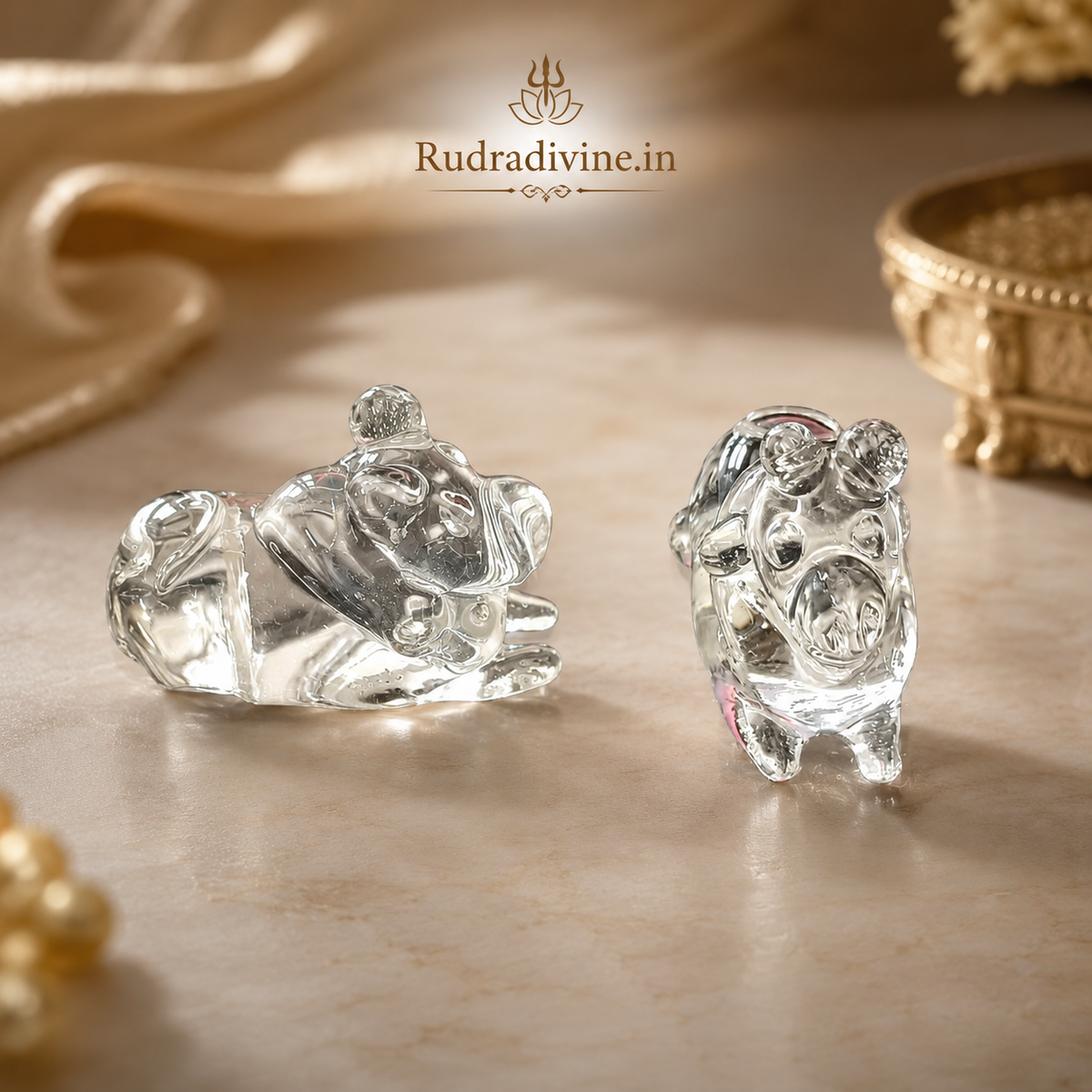 Crystal Nandi (Sphatik Nandi) Pair crafted from genuine natural crystal with official Lab Certificate by Rudradivine for Shiva worship, meditation, Vastu harmony and spiritual decor.