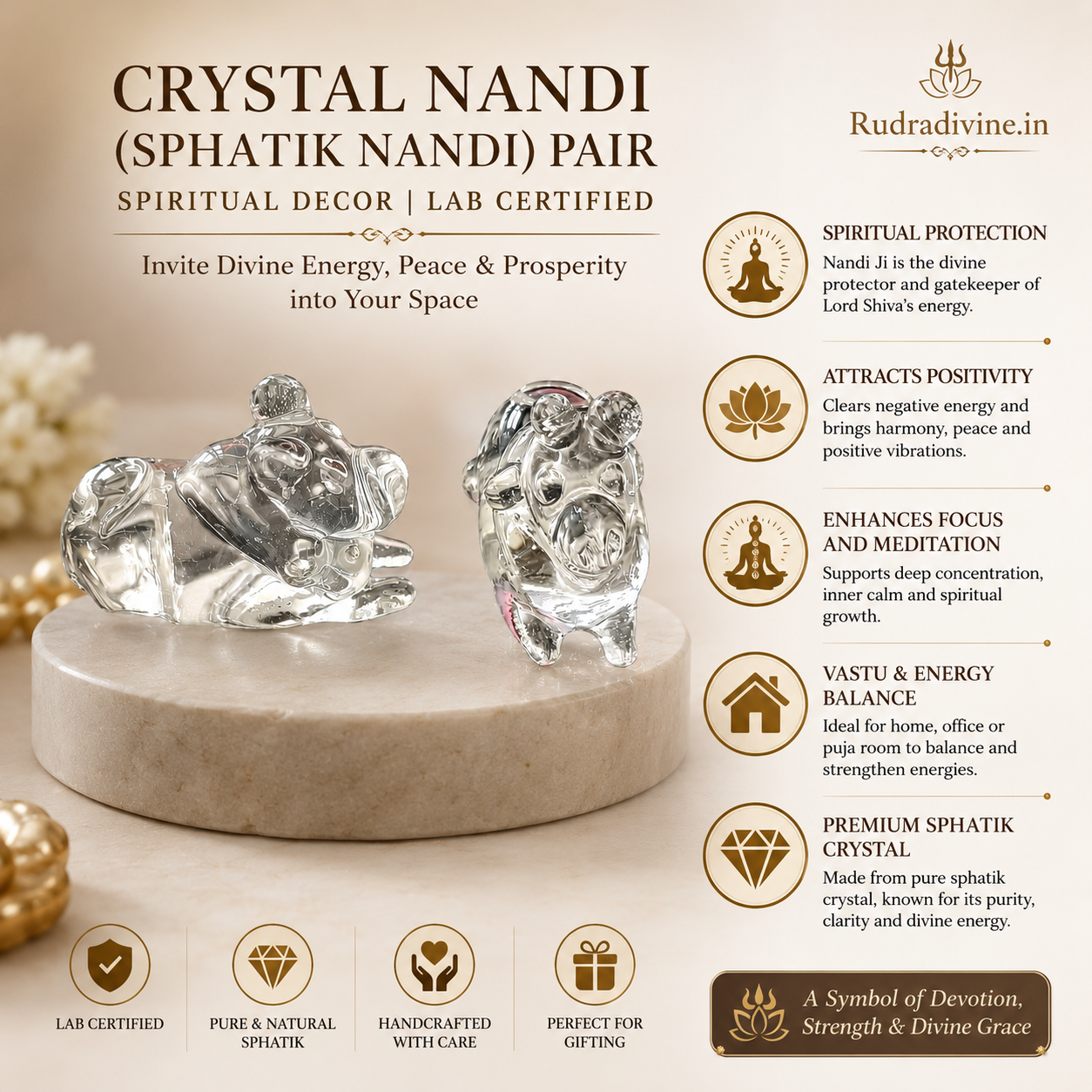 Crystal Nandi (Sphatik Nandi) Pair crafted from genuine natural crystal with official Lab Certificate by Rudradivine for Shiva worship, meditation, Vastu harmony and spiritual decor.