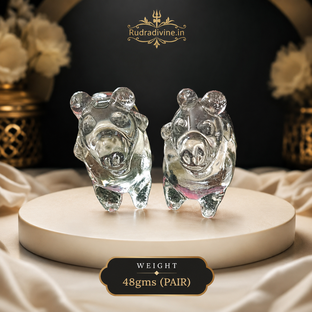 Crystal Nandi (Sphatik Nandi) Pair crafted from genuine natural crystal with official Lab Certificate by Rudradivine for Shiva worship, meditation, Vastu harmony and spiritual decor.