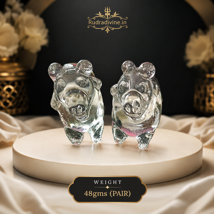 Crystal Nandi (Sphatik Nandi) Pair crafted from genuine natural crystal with official Lab Certificate by Rudradivine for Shiva worship, meditation, Vastu harmony and spiritual decor.