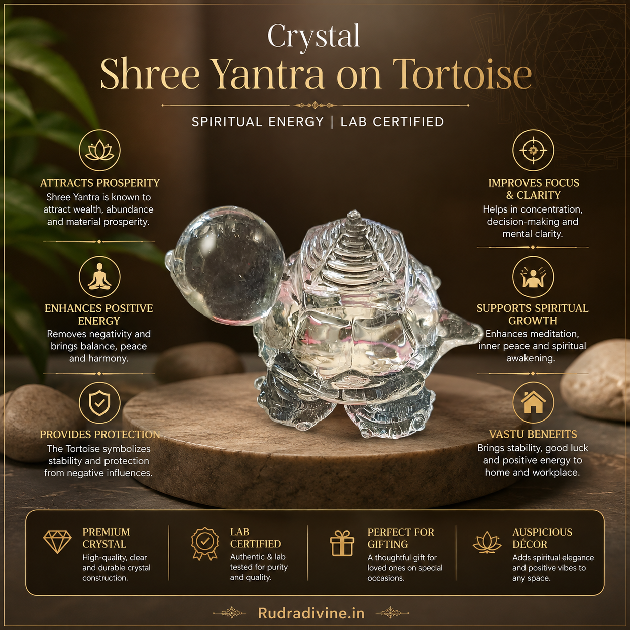Crystal Shree Yantra on Tortoise crafted from genuine natural crystal with official Lab Certificate by Rudradivine for prosperity, Vastu harmony and spiritual energy.