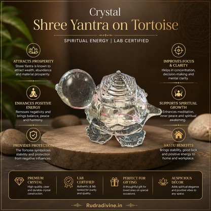 Crystal Shree Yantra on Tortoise crafted from genuine natural crystal with official Lab Certificate by Rudradivine for prosperity, Vastu harmony and spiritual energy.