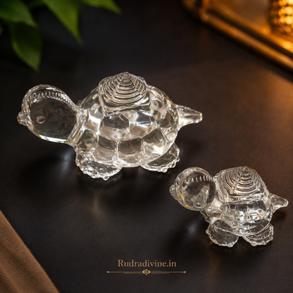 Crystal Shree Yantra on Tortoise crafted from genuine natural crystal with official Lab Certificate by Rudradivine for prosperity, Vastu harmony and spiritual energy.