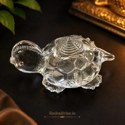 Crystal Shree Yantra on Tortoise crafted from genuine natural crystal with official Lab Certificate by Rudradivine for prosperity, Vastu harmony and spiritual energy.