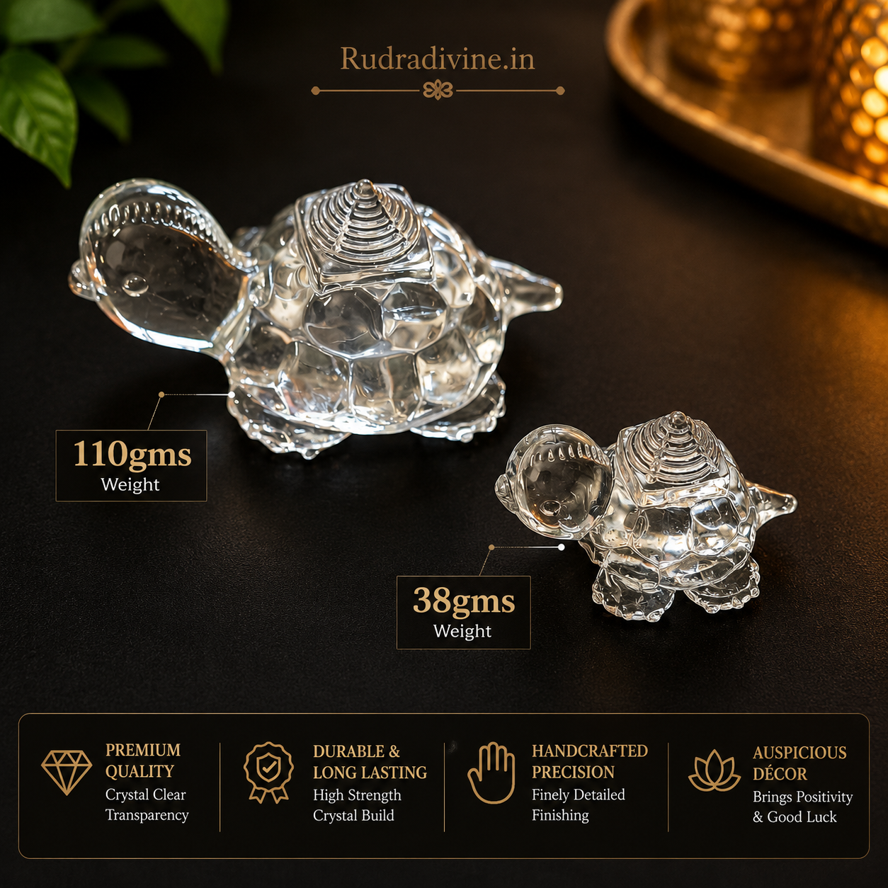 Crystal Shree Yantra on Tortoise crafted from genuine natural crystal with official Lab Certificate by Rudradivine for prosperity, Vastu harmony and spiritual energy.
