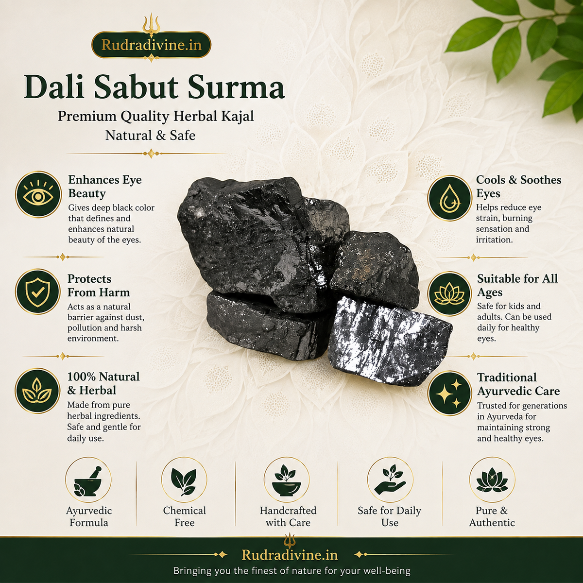 Dali Sabut Surma Premium Quality Herbal Kajal, traditional natural surma for cultural beauty practices and personal use by Rudradivine.