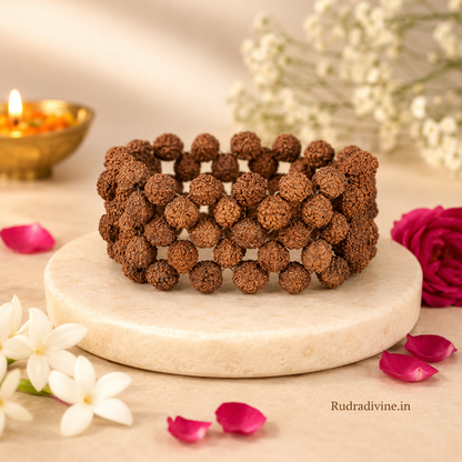 Dharmsaar 5 Mukhi Rudraksha Bracelet with natural brown Rudraksha beads, multi-layer stretchable wrist band for men and women by Rudradivine.