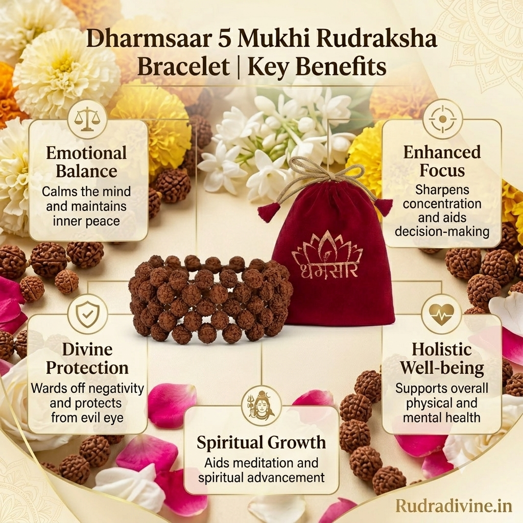 Dharmsaar 5 Mukhi Rudraksha Bracelet with natural brown Rudraksha beads, multi-layer stretchable wrist band for men and women by Rudradivine.
