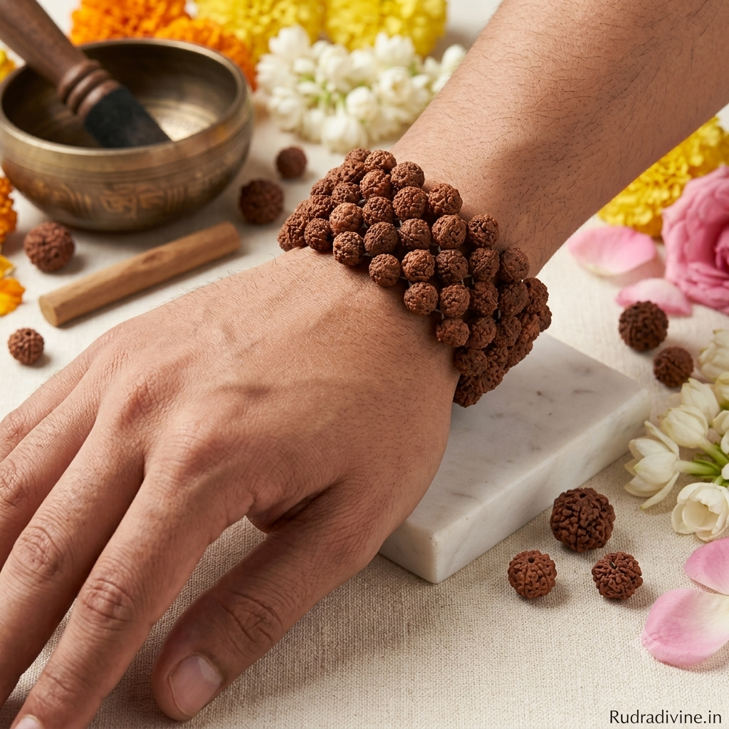 Dharmsaar 5 Mukhi Rudraksha Bracelet with natural brown Rudraksha beads, multi-layer stretchable wrist band for men and women by Rudradivine.