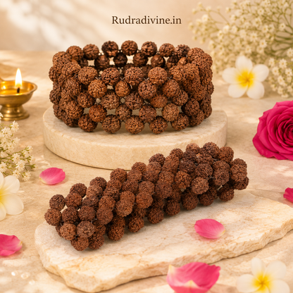 Dharmsaar 5 Mukhi Rudraksha Bracelet with natural brown Rudraksha beads, multi-layer stretchable wrist band for men and women by Rudradivine.