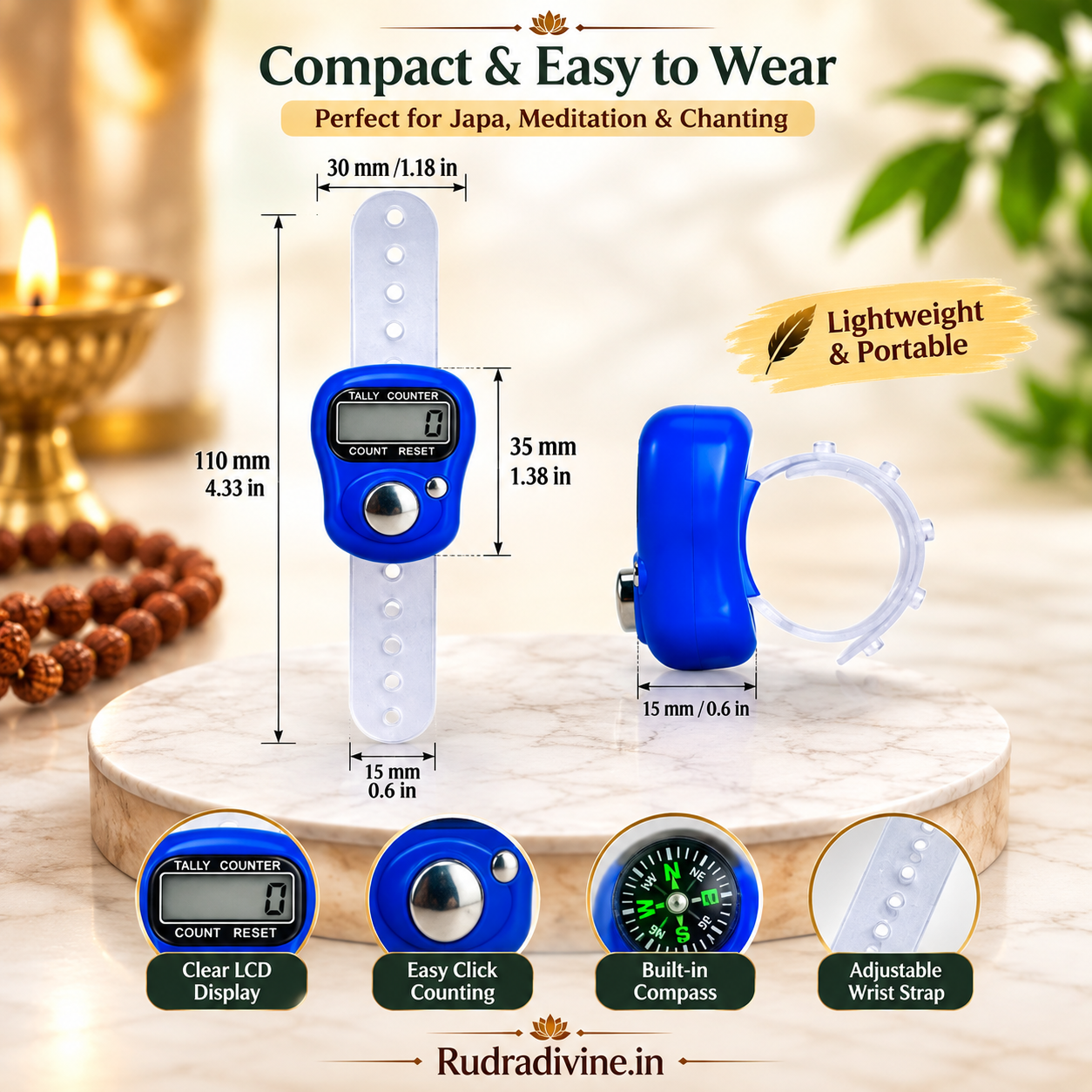 Mantra Counter electronic finger tally counter by Rudradivine for mantra chanting, japa, pooja, prayer and meditation counting with compact digital design.