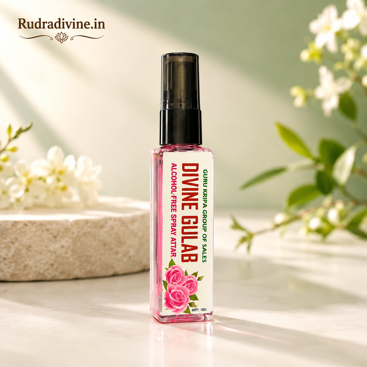 Divine Gulab Attar 25ml with rich rose floral fragrance by Rudradivine, alcohol-free spray attar for puja, meditation, prayer, home use & daily fragrance.