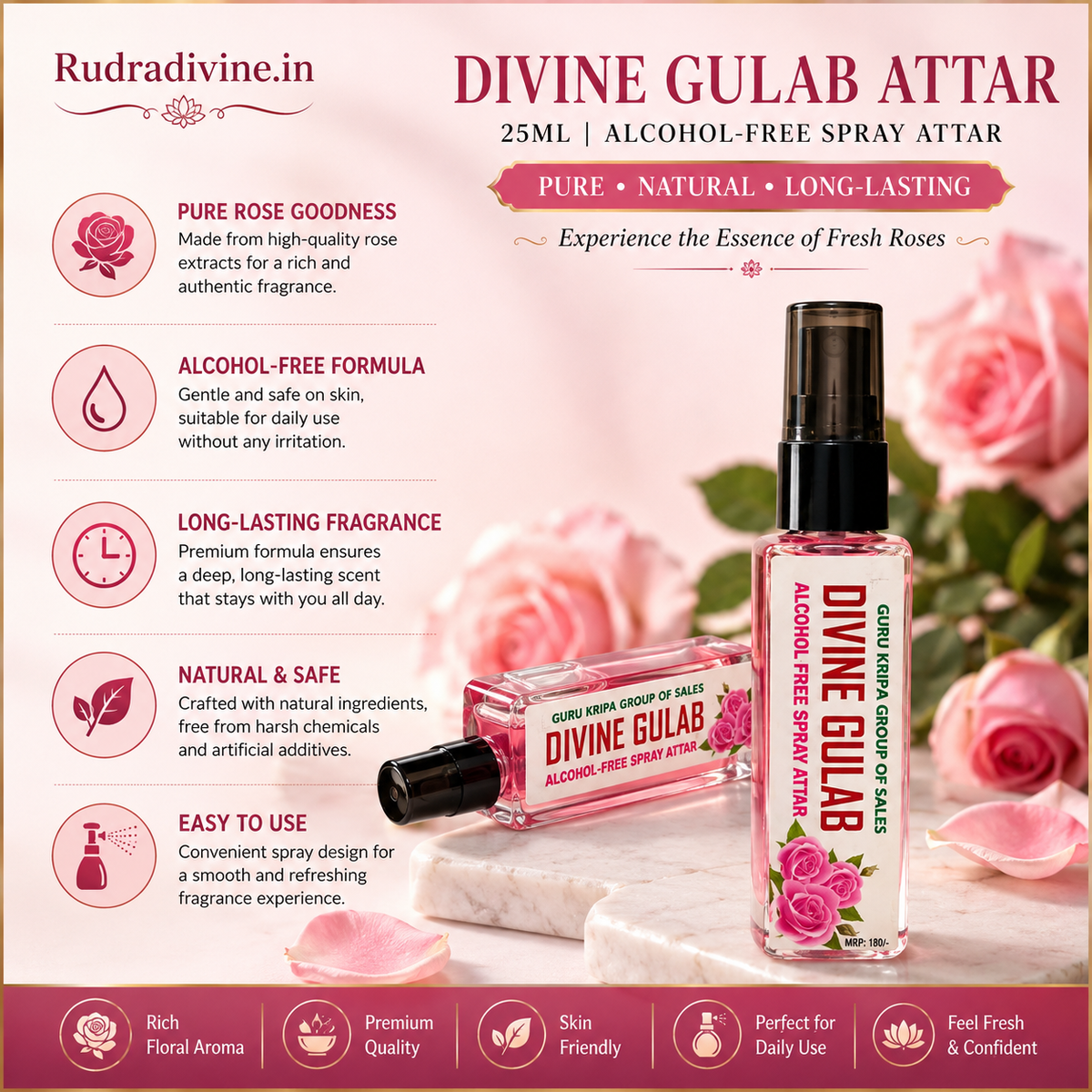 Divine Gulab Attar 25ml with rich rose floral fragrance by Rudradivine, alcohol-free spray attar for puja, meditation, prayer, home use & daily fragrance.