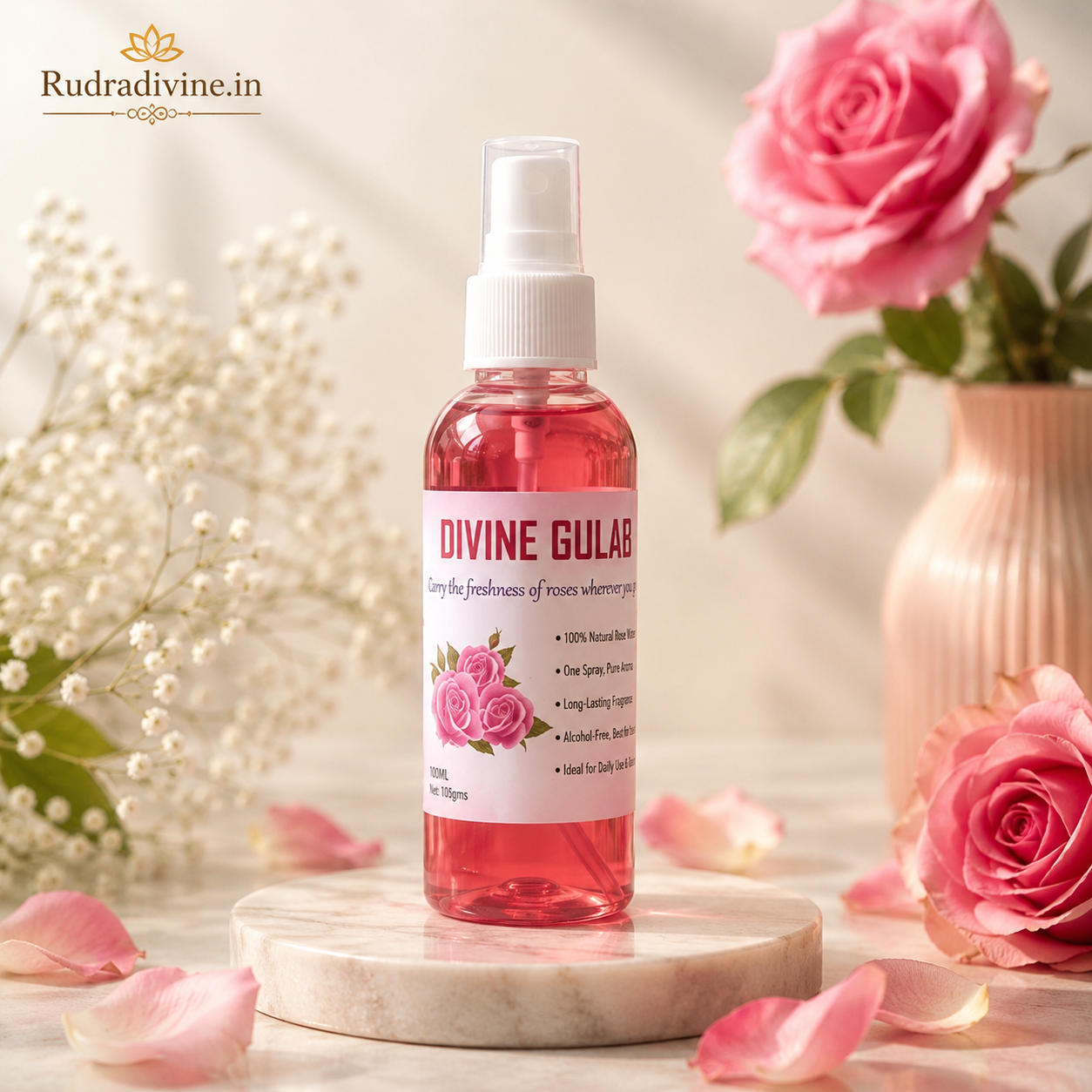 Divine Gulab Spray Attar 100ml with pure rose aroma, floral fragrance, convenient spray bottle and long-lasting scent by Rudradivine.