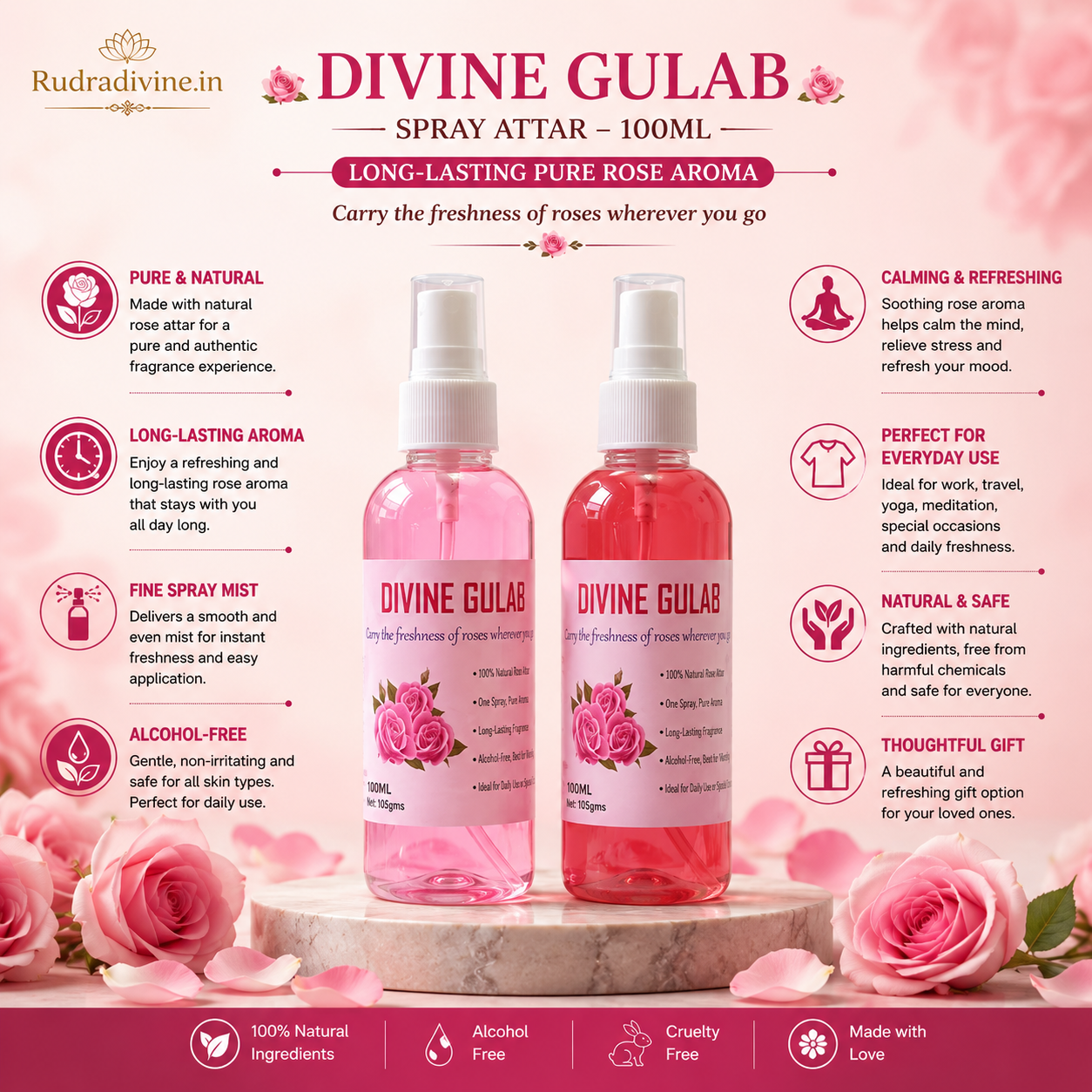 Divine Gulab Spray Attar 100ml with pure rose aroma, floral fragrance, convenient spray bottle and long-lasting scent by Rudradivine.2