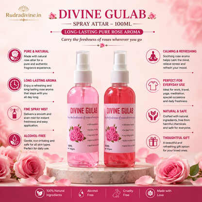Divine Gulab Spray Attar 100ml with pure rose aroma, floral fragrance, convenient spray bottle and long-lasting scent by Rudradivine.2