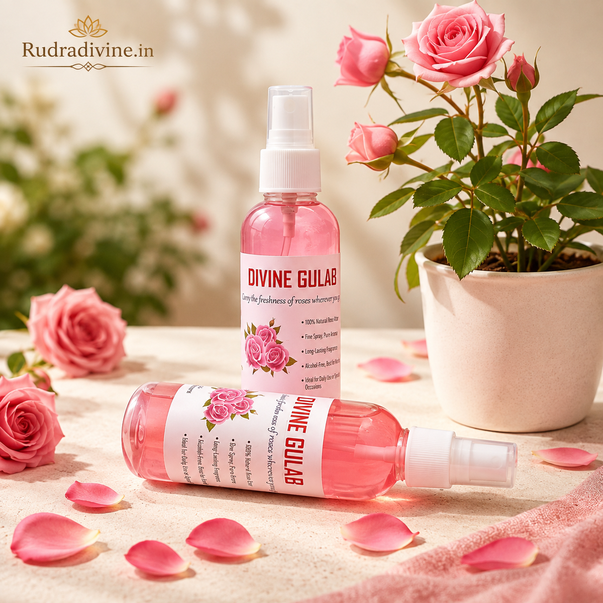 Divine Gulab Spray Attar 100ml with pure rose aroma, floral fragrance, convenient spray bottle and long-lasting scent by Rudradivine.