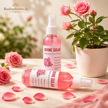 Divine Gulab Spray Attar 100ml with pure rose aroma, floral fragrance, convenient spray bottle and long-lasting scent by Rudradivine.