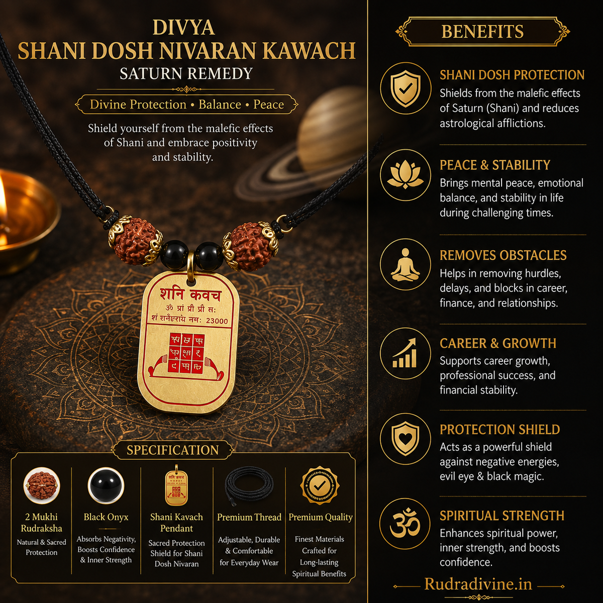 Divya Shani Dosh Nivaran Kawach by Rudradivine, traditionally associated with Shani Dev, Saturn remedies, spiritual protection, stability and devotional practices.
