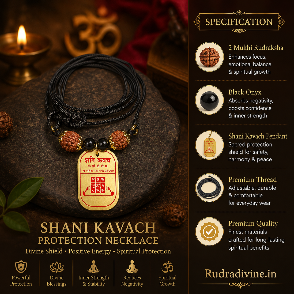 Divya Shani Dosh Nivaran Kawach by Rudradivine, traditionally associated with Shani Dev, Saturn remedies, spiritual protection, stability and devotional practices.