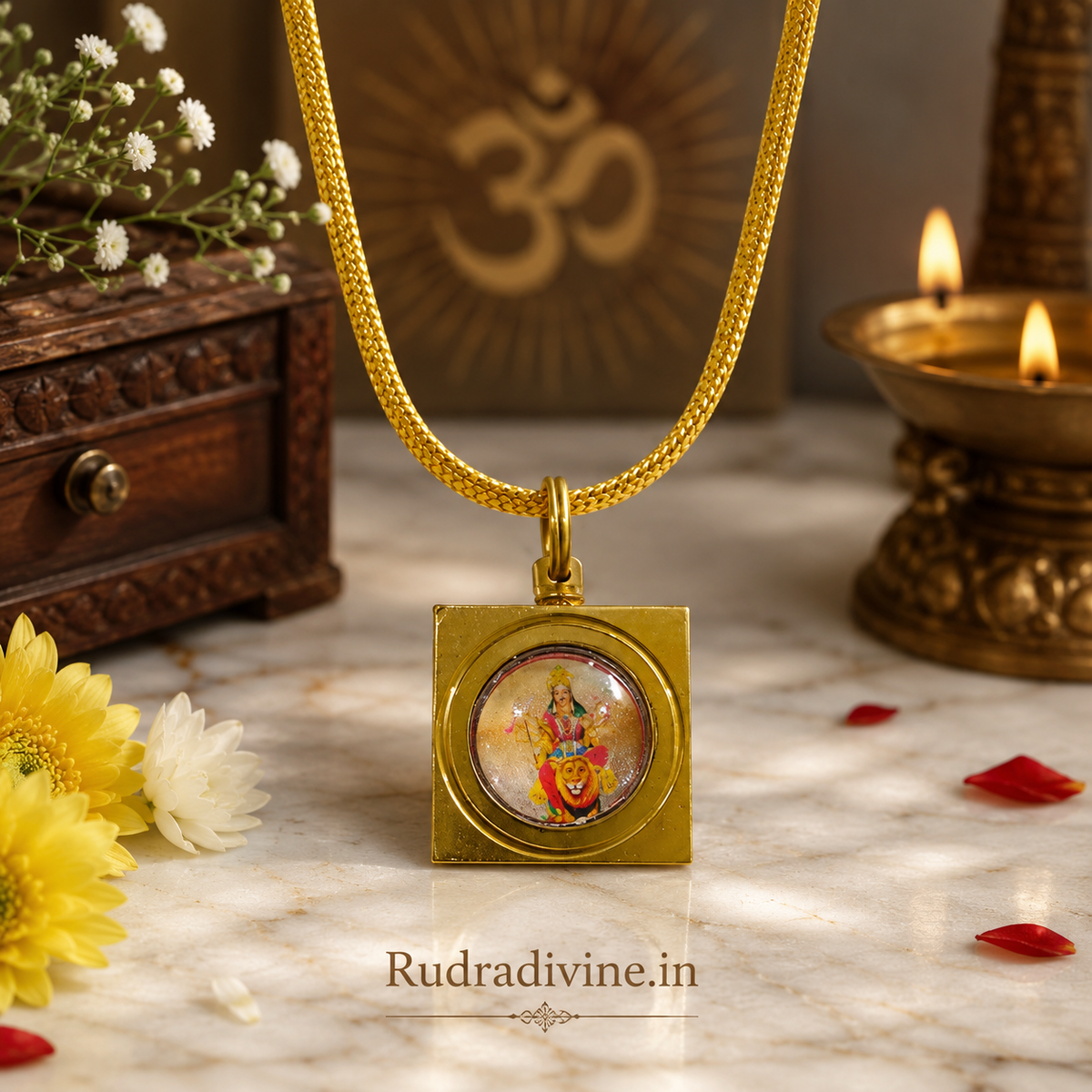 Durga Beesa Locket with Gold Plated Chain inspired by Maa Durga and sacred Beesa Yantra for spiritual protection, devotion and divine energy by Rudradivine.