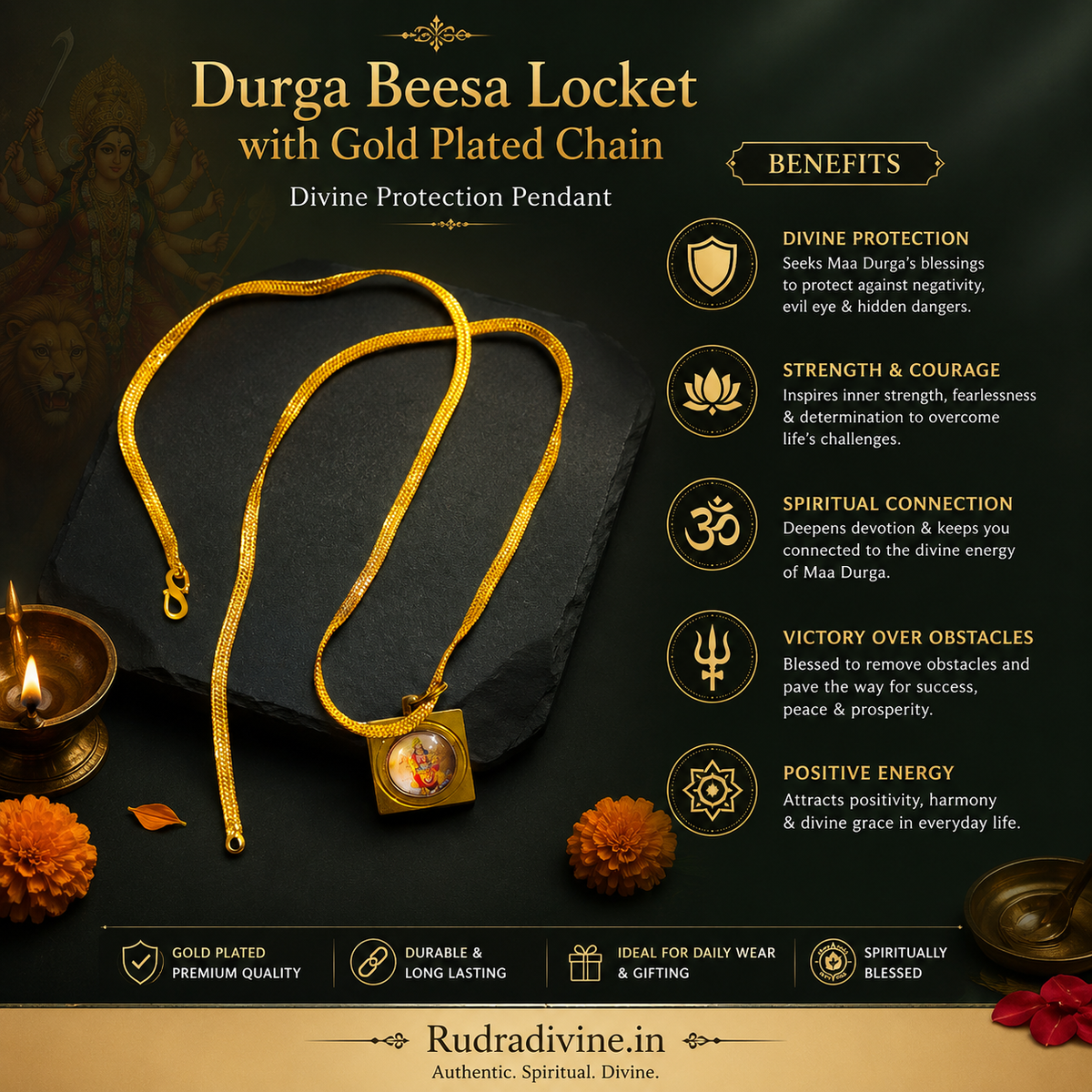 Durga Beesa Locket with Gold Plated Chain inspired by Maa Durga and sacred Beesa Yantra for spiritual protection, devotion and divine energy by Rudradivine.