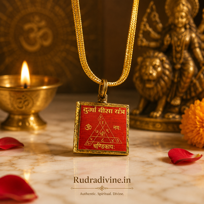 Durga Beesa Locket with Gold Plated Chain inspired by Maa Durga and sacred Beesa Yantra for spiritual protection, devotion and divine energy by Rudradivine.