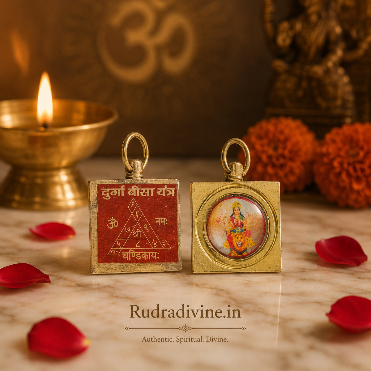 Durga Beesa Locket with Gold Plated Chain inspired by Maa Durga and sacred Beesa Yantra for spiritual protection, devotion and divine energy by Rudradivine.