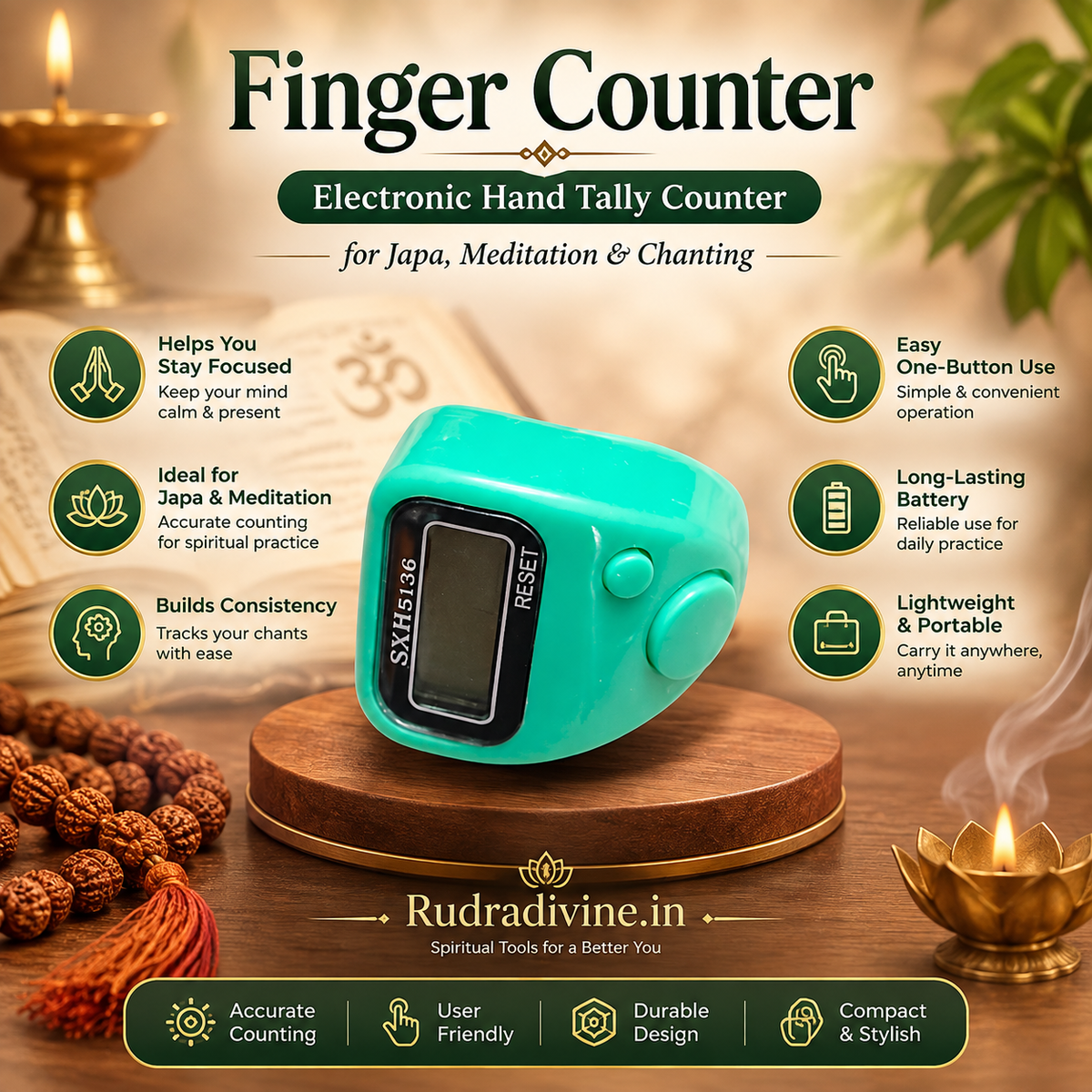 Finger Counter electronic hand tally counter by Rudradivine for Japa, mantra chanting, meditation, pooja and prayer repetition counting.