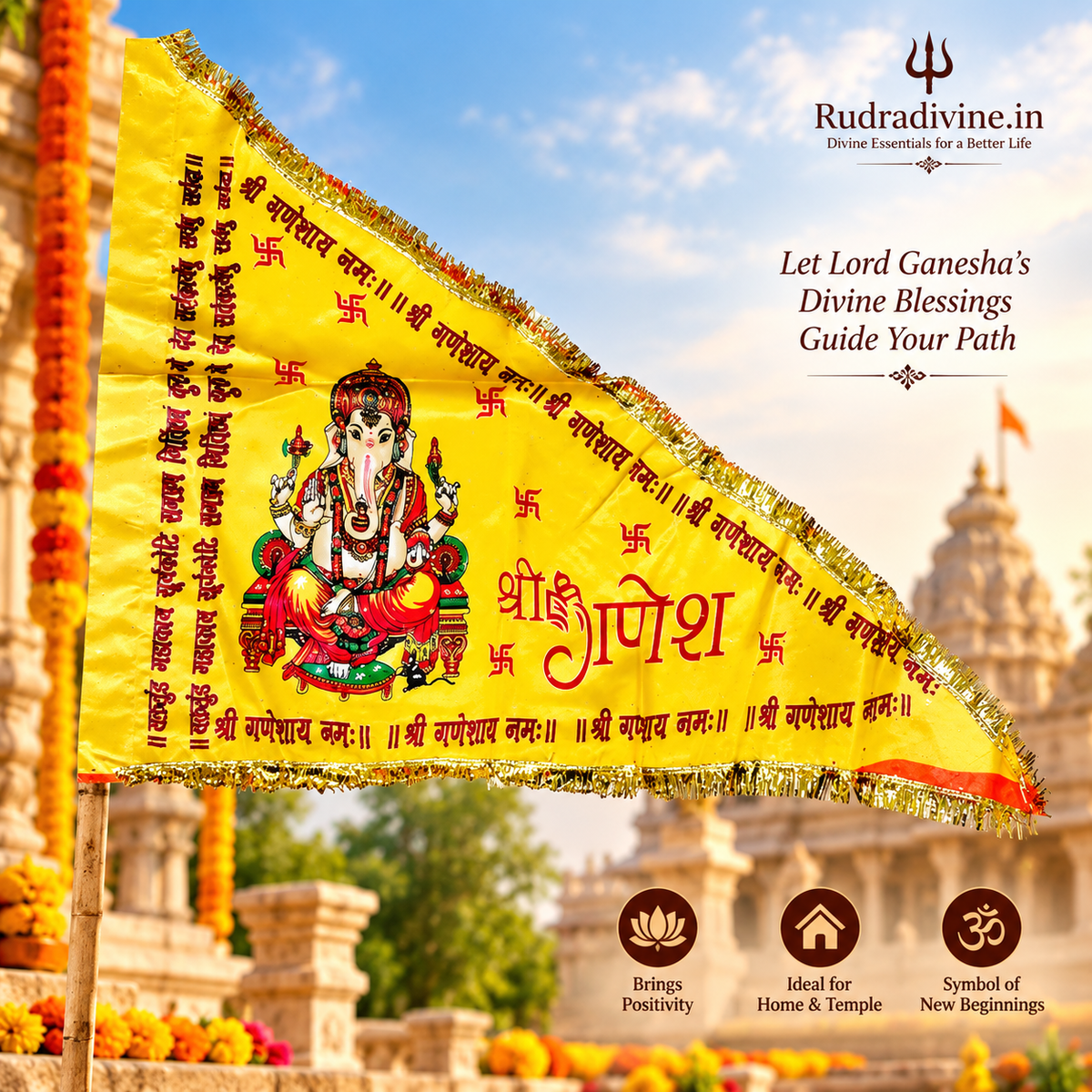 Ganesh Ji Jhanda | Ganpati Flag featuring Lord Ganesh in vibrant orange and yellow colors by Rudradivine for temples, puja, home decor and spiritual celebrations.