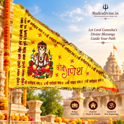 Ganesh Ji Jhanda | Ganpati Flag featuring Lord Ganesh in vibrant orange and yellow colors by Rudradivine for temples, puja, home decor and spiritual celebrations.