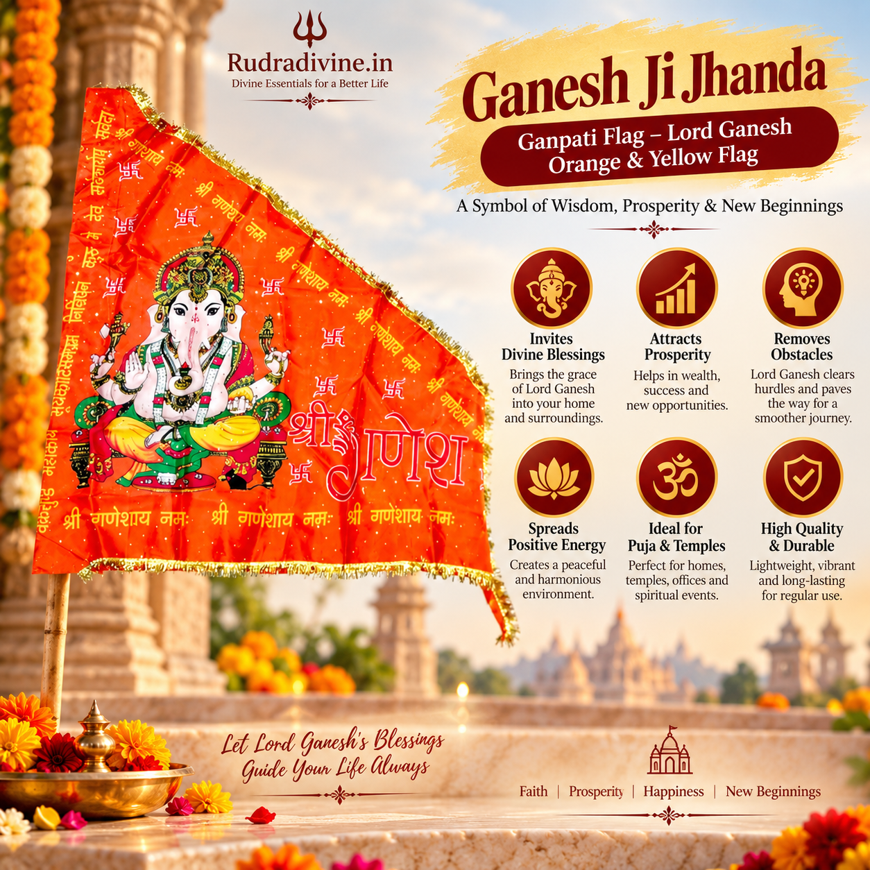 Ganesh Ji Jhanda | Ganpati Flag featuring Lord Ganesh in vibrant orange and yellow colors by Rudradivine for temples, puja, home decor and spiritual celebrations.