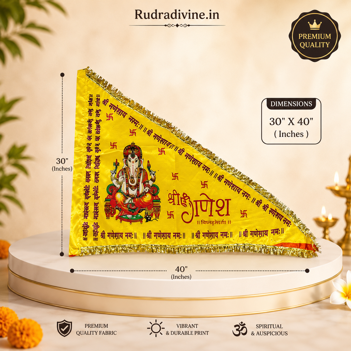 Ganesh Ji Jhanda | Ganpati Flag featuring Lord Ganesh in vibrant orange and yellow colors by Rudradivine for temples, puja, home decor and spiritual celebrations.