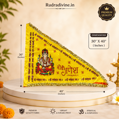 Ganesh Ji Jhanda | Ganpati Flag featuring Lord Ganesh in vibrant orange and yellow colors by Rudradivine for temples, puja, home decor and spiritual celebrations.