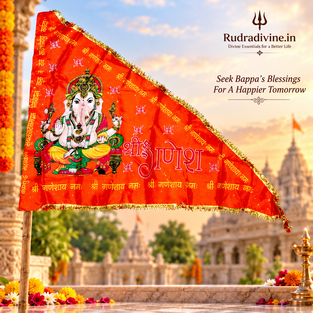 Ganesh Ji Jhanda | Ganpati Flag featuring Lord Ganesh in vibrant orange and yellow colors by Rudradivine for temples, puja, home decor and spiritual celebrations.
